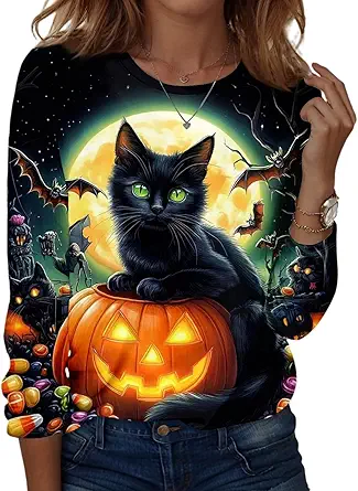 Halloween Shirts for Women Long Sleeve Plus Size Fashion Crewneck Comfortable Tshirts Halloween Costumes for Women