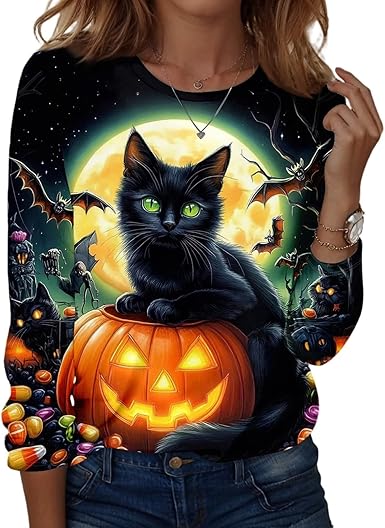 Halloween Shirts for Women Long Sleeve Plus Size Fashion Crewneck Comfortable Tshirts Halloween Costumes for Women