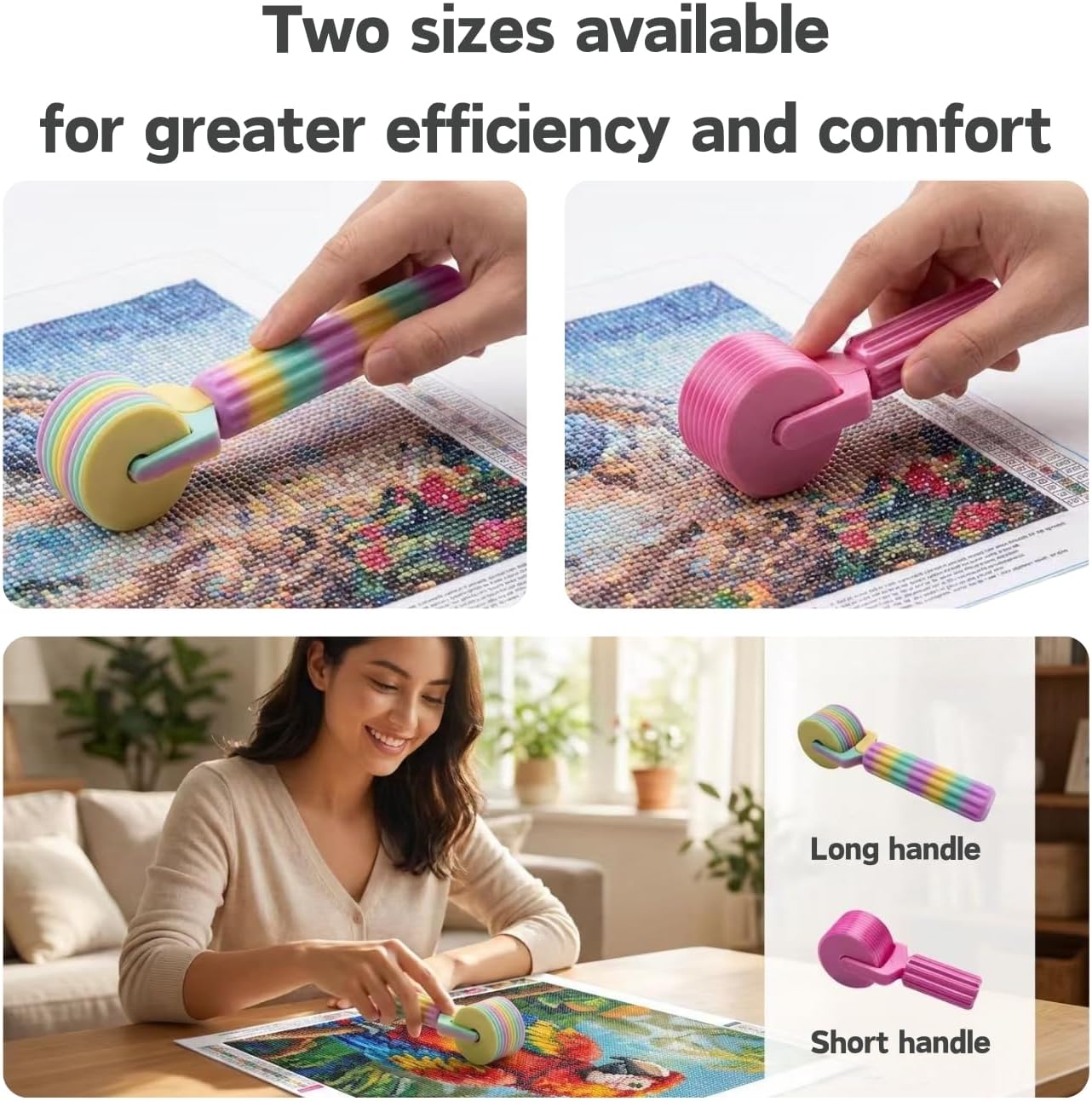 2-Pack Diamond Painting Roller Tool with Sponge Grip – Ergonomic Large & Small Brayer for 5D Diamond Art Accessories – Aesthetic Rainbow Roller for Pressing & Fixing Loose Drills