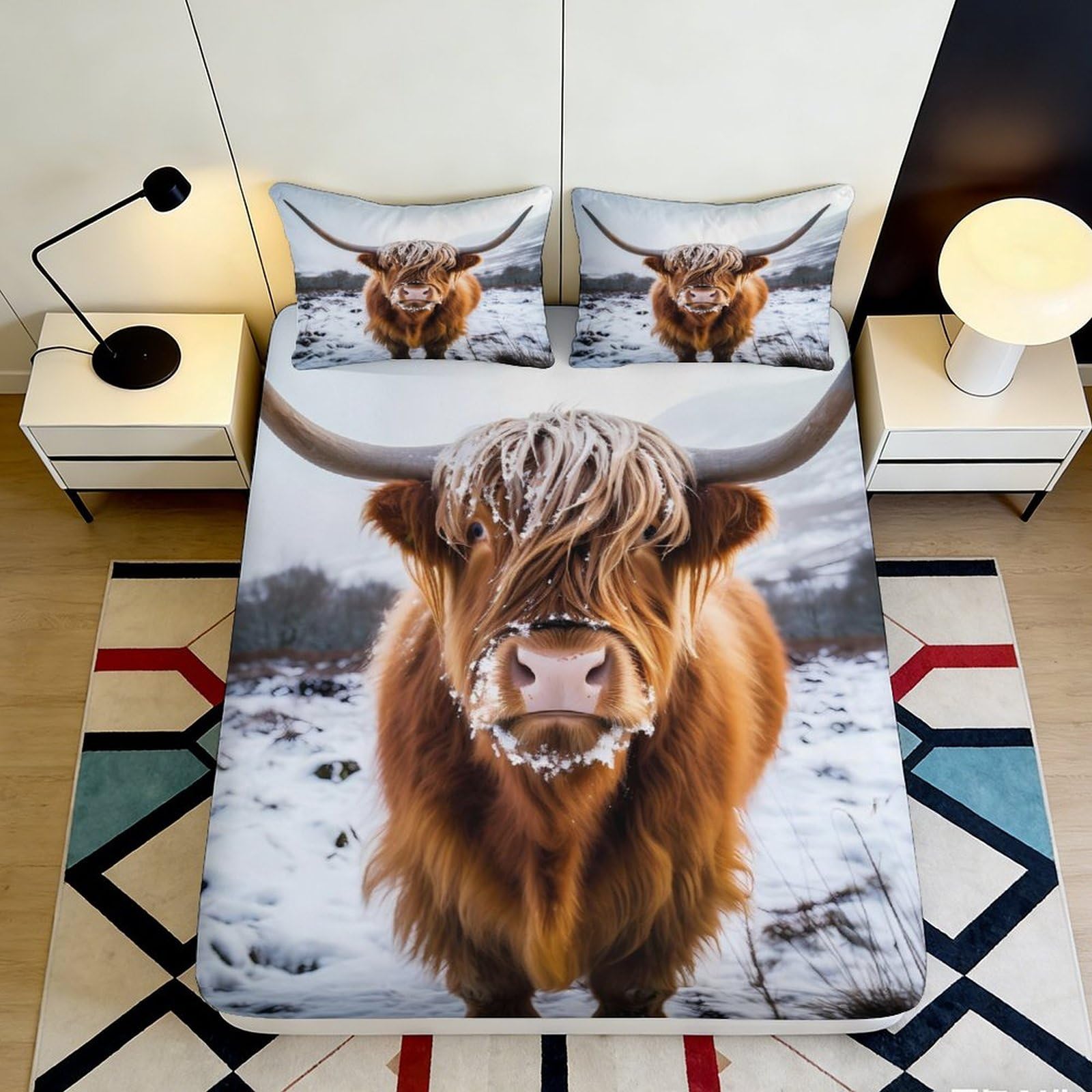 3D Printed Highland Cow Fitted Sheet Microfiber Soft Breathable Snow Landscape Bed Cover for Bedroom Dormitory Guest Room Mattress Protection 160x200x25cm