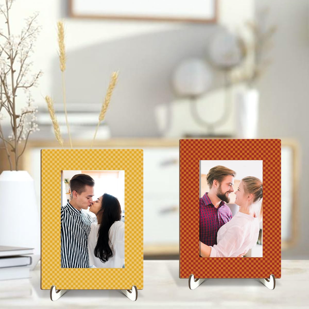 2PC Yellow Red Checkered Print Photo Frame Wooden Picture Frames With Wood Stand, Tabletop Display Desk Decor Bedroom Living Room Office Home Decor Desk Accessories Supplies Fits 4x6 inches image 4