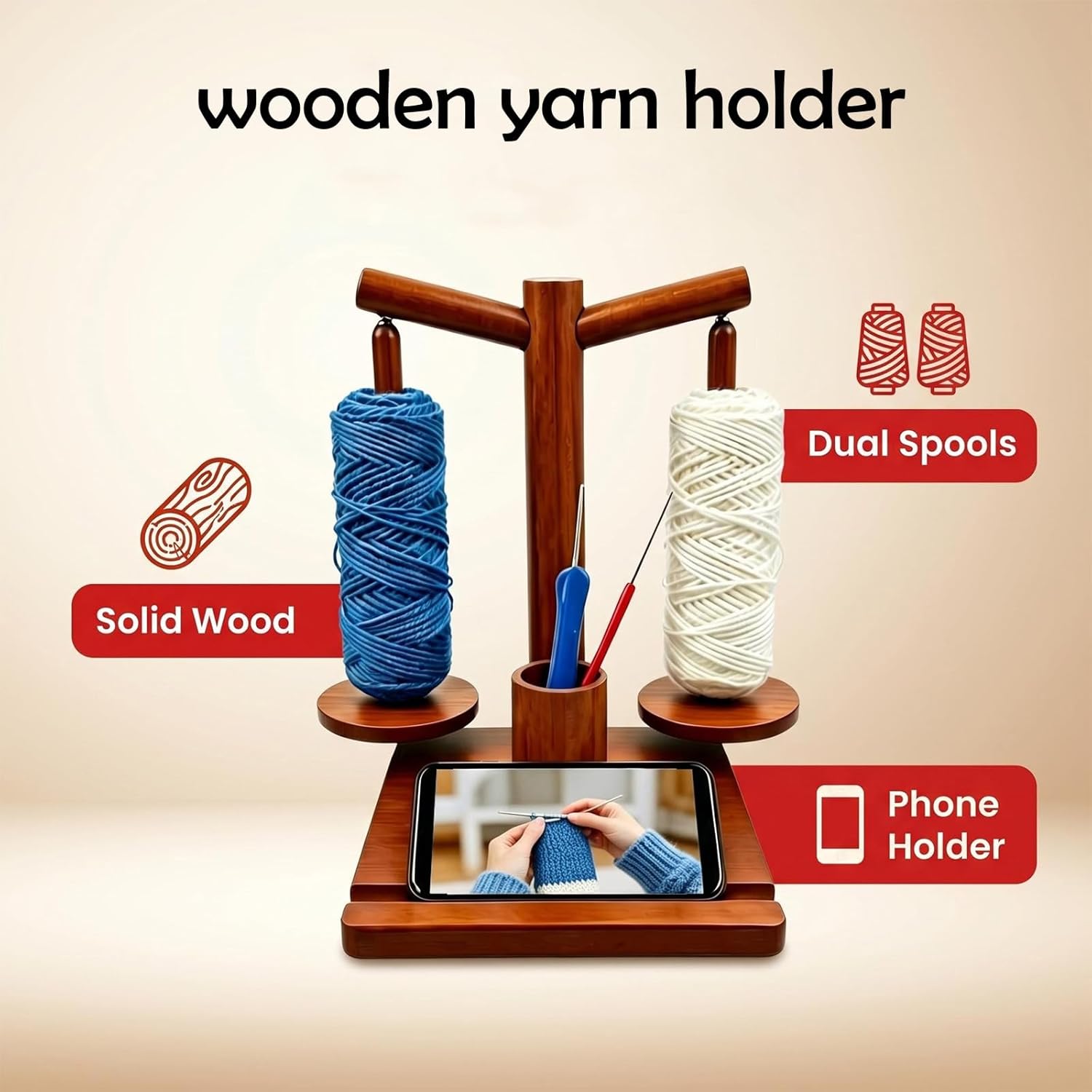 Yarn Holder for Crocheting and Knitting, Wooden Magnetic Rotating Yarn Spinner with 2 Spindles, Crochet Yarn Holder for Crocheting with Phone Stand, Crochet Gift for Knitters, Mom, Grandma, Women