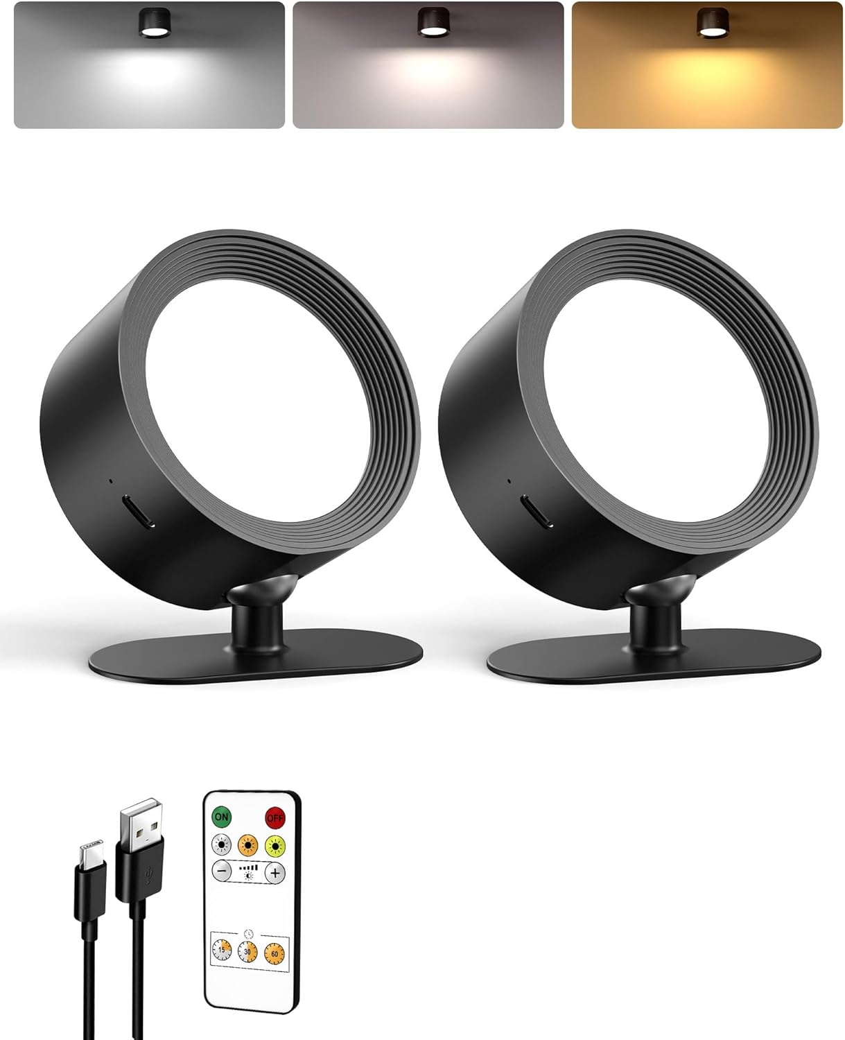 LED Wall Mounted Lights,Rechargeable Wall Sconces Lamp for Bedroom,3 Color Temps & Remote and Touch Control,360°Rotation Dimmable Cordless (2 Pack)