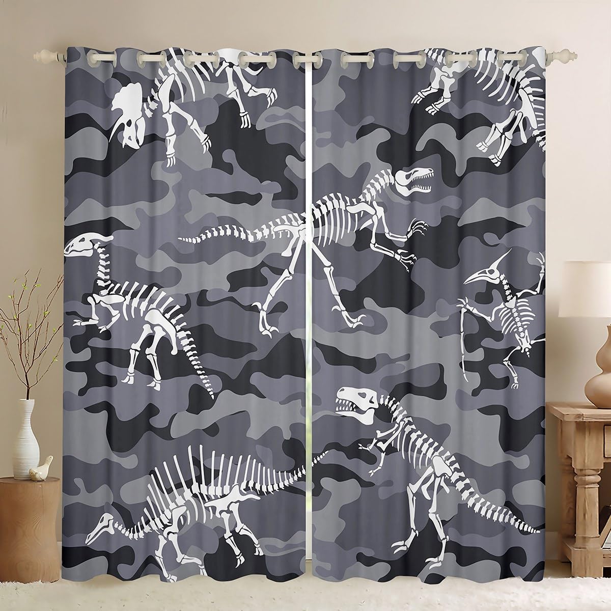 Manfei Dinosaur Blackout Curtain Grey Camouflage Window Drapes for Kids Boys Teens Room Decor, White Dinosaur Skeleton Window Treatments Grommet Top 2 Panel Set Bedroom Curtains, 46Wx54L inch