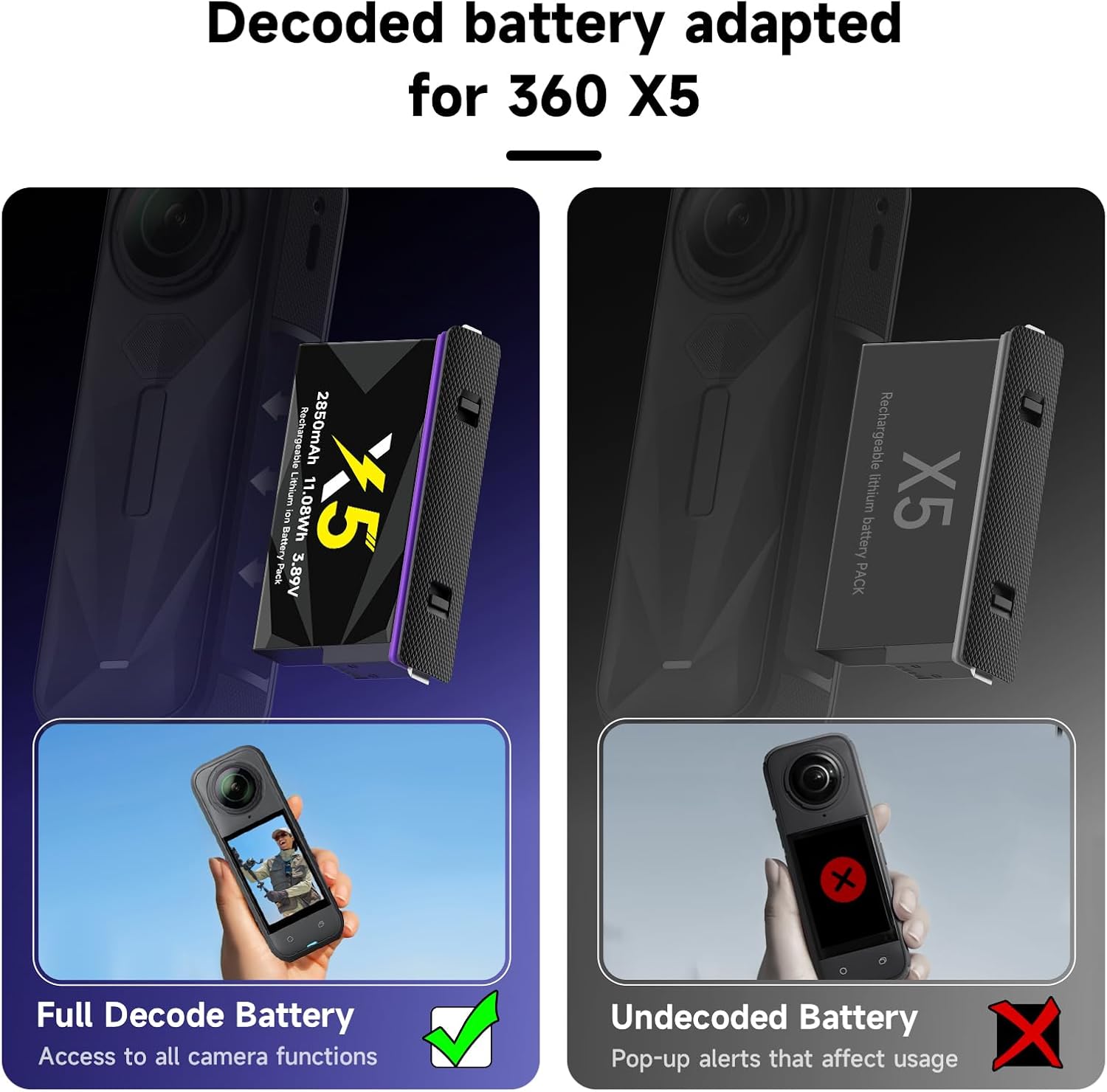 3 Pack 360 X5 Battery, 2850mAh Upgraded Capacity Rechargeable Lithium Battery Replacememnt Compatible with Insta360 X5 Action Camera Accessory - Storage Case Included