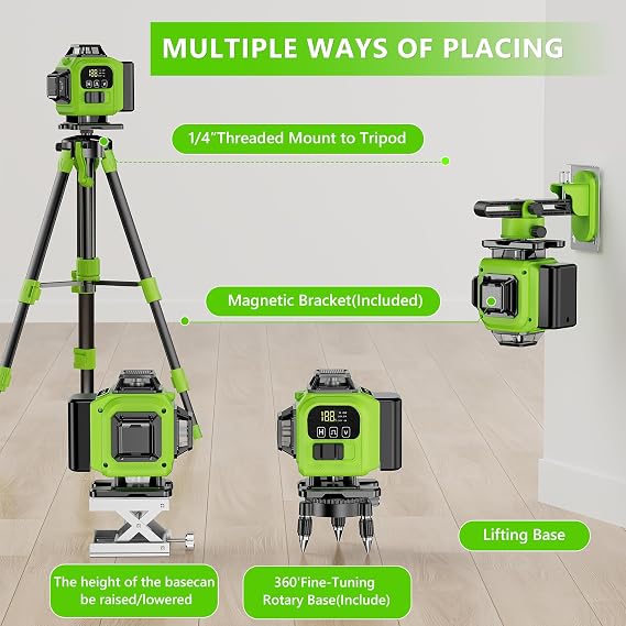 16 Line Laser Level 360 Self Leveling with tripod, 4x360Professional 4D Green Cross Line laser Level with 2 Batteries & Remote Control, for Tiling Floor Construction and Picture Hanging