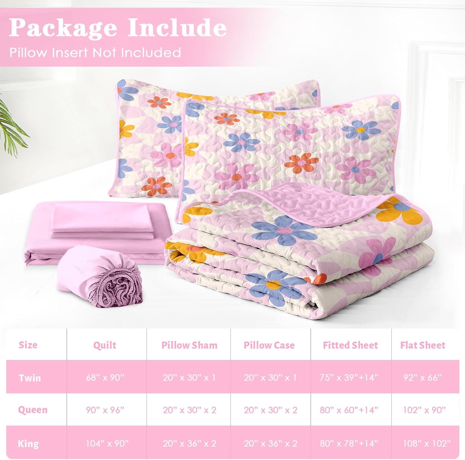 7 Pcs Quilt Set Queen Size, Retro Floral Daisy Soft Bed Cover Bedding Set for Kids and Adults, Pastel Pink Groovy Bedspread with Fitted Sheet 2 Pillowcases & 2 Shams for All Season