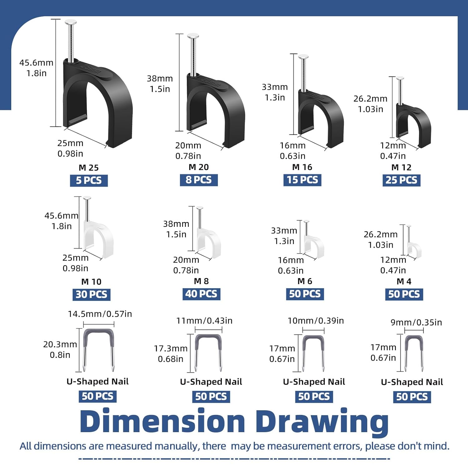 Glarks 423pcs Cable Clips with Steel Nail and Insulated U Staple Nail Kit, 223pcs M4/6/8/10/12/16/20/25 Cable Wire Clips, 200pcs Electrical U Staple Nail, Wire Staples Cord Clips for Cable Management
