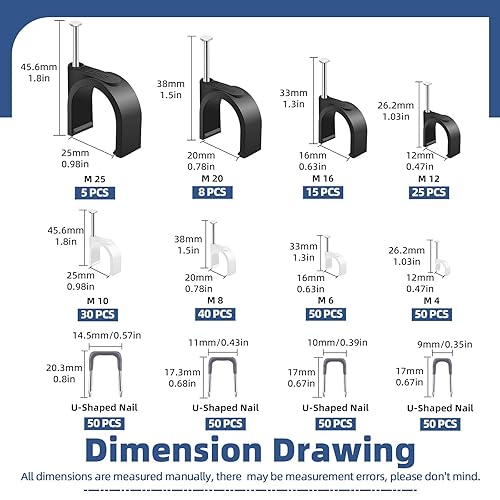 Miniatura 2 de Glarks 423 clips de cable con clavo de acero y kit de clavos aislados en U, 223 piezas M4681012162025, 200 piezas de clavos eléctricos de grapas en