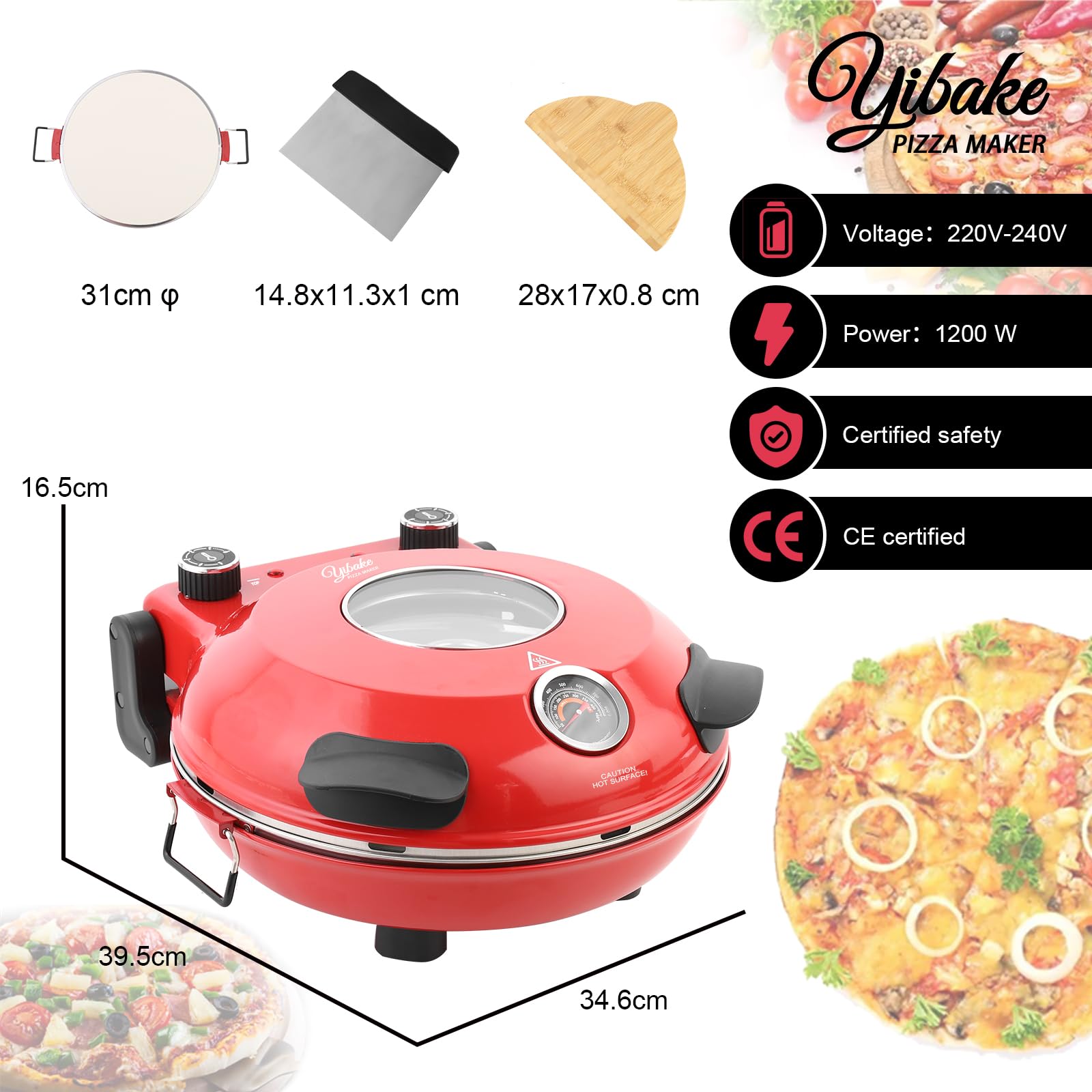 Elektryczny piec do pizzy, ogniotrwały kamień do pizzy, 1200 W, 4 minuty pizzy w ekspresie do pizzy, podwójna regulacja temperatury, ze skórkami do pizzy i skrobakiem, czerwony