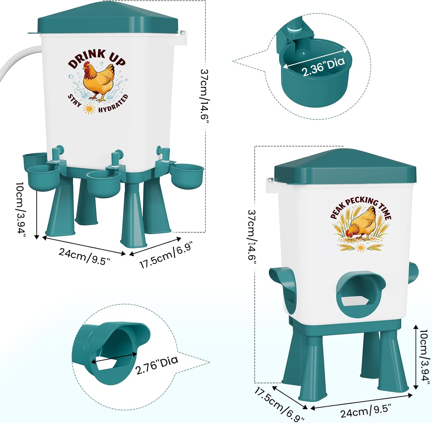 3 Gallon Chicken Feeder and Waterer Set, Large Chick Water with Automatic Float Valve, No Waste Poultry Feeding and Watering System, 4 Cups & 3 Ports, Chicken Coop Accessories for Pigeons/Quail (Blue)