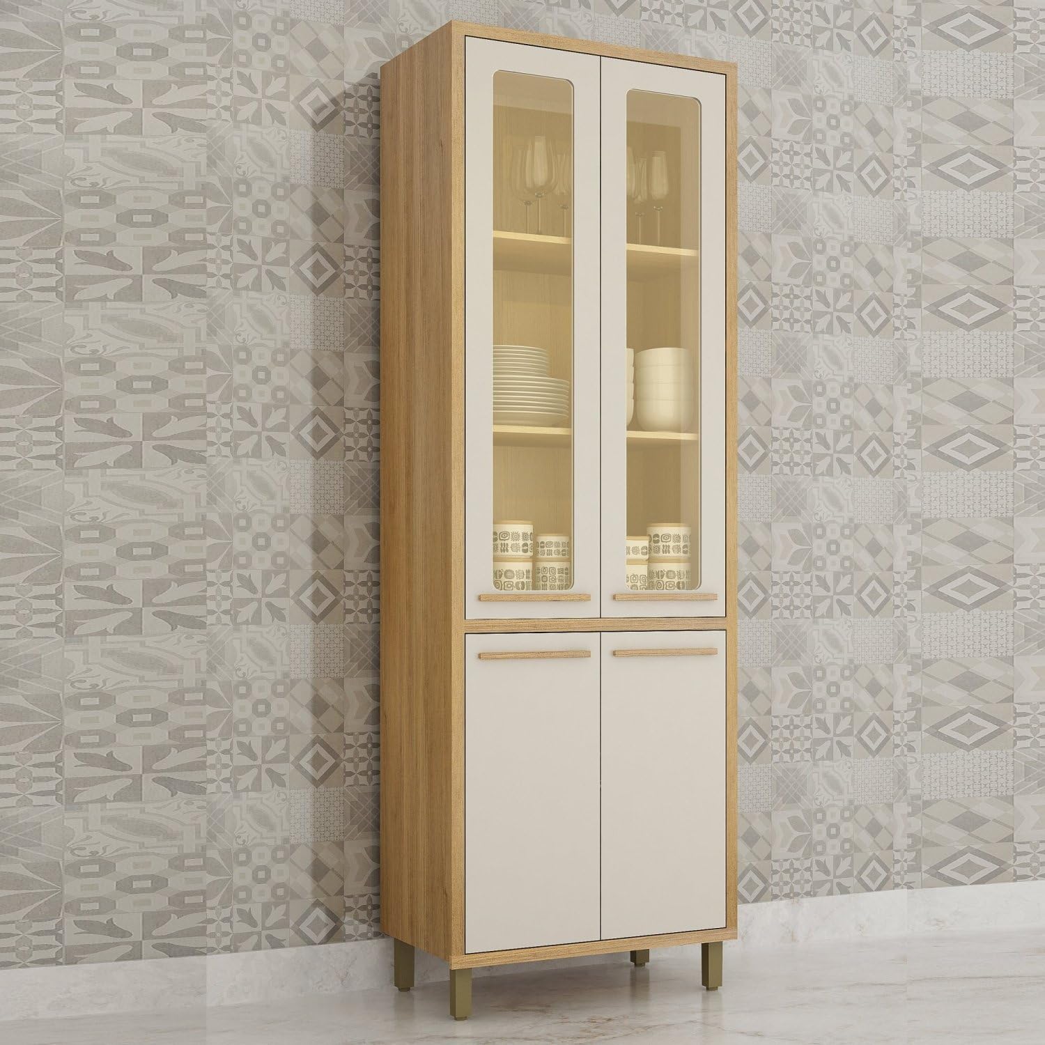 Armário Paneleiro 4 Portas com Vidro Torino Cinamomo/off White