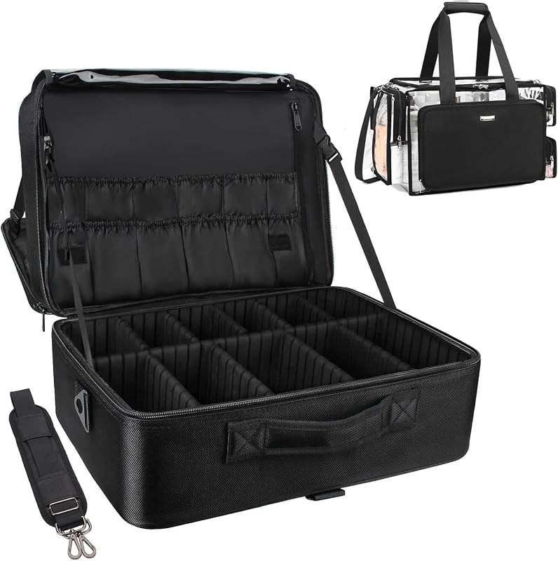 Relavel Maleta de maquiagem extragrande com bolsa transparente, divisórias ajustáveis e alça de ombro, preta
