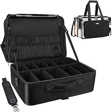 Relavel Extra Large Makeup Case and Clear Makeup Bag, Travel Cosmetic Train Case Professional Makeup Artist Bag with Adjustable Dividers and Shoulder Strap, Portable Nail Organizer Box Black