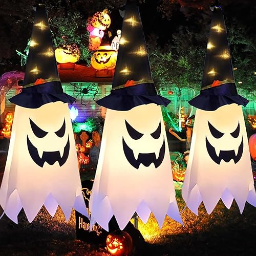 Miniatura 5 de Decoraciones de Halloween, 3 piezas de decoración al aire libre colgante iluminado fantasma brillante, calcetines de viento para interiores y