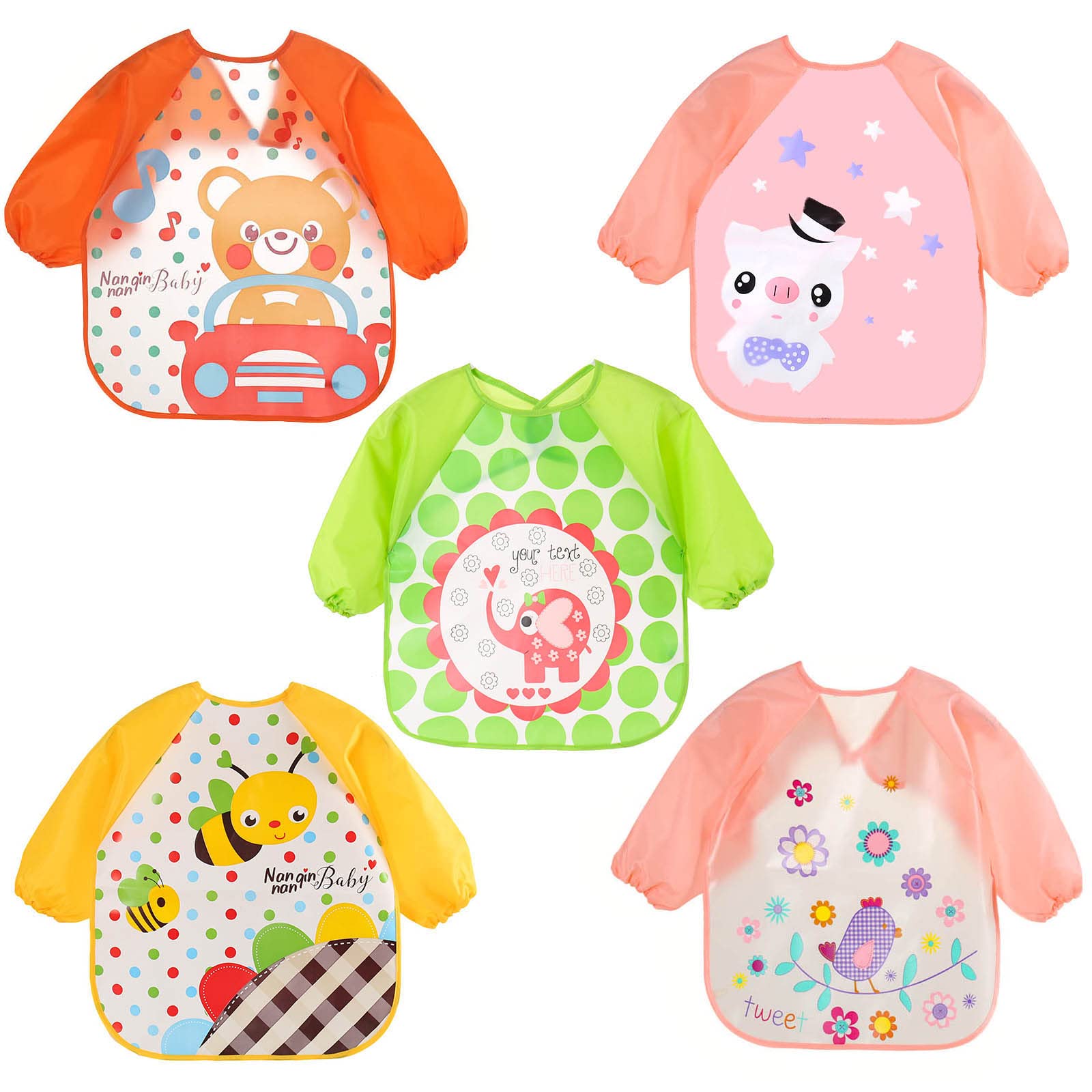 SLOSH Bavaglino Manica Impermeabile Lunghe Set di 5 Bavaglino Bambini Grembiule per Alimentazione Gioco Pittura Piccoli 6-36 Mesi