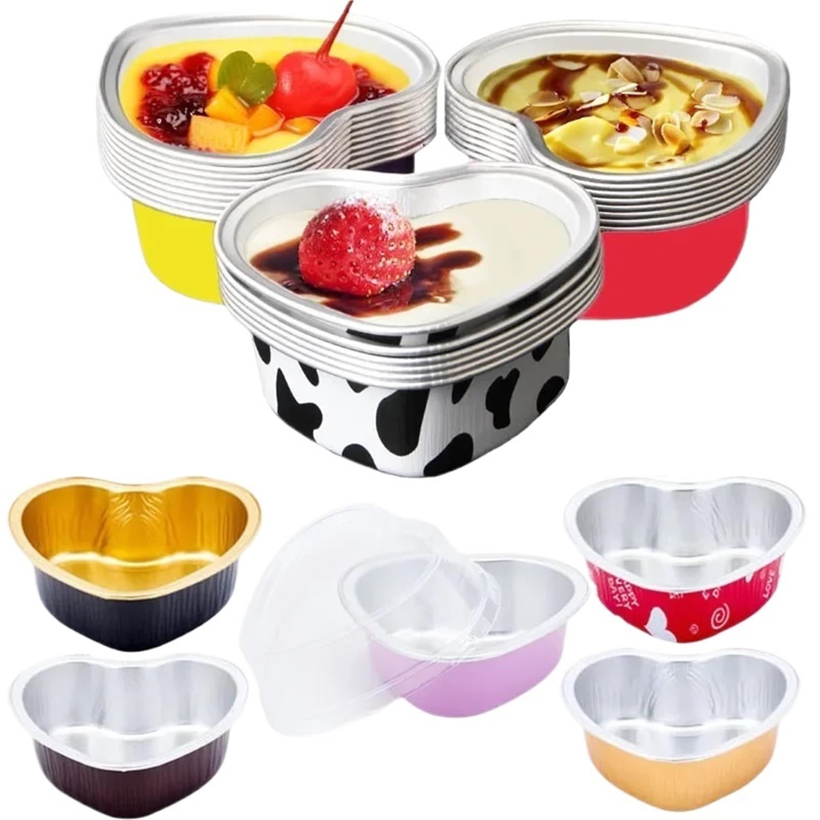 Moule Papier Muffin Lot de 50 caissettes à muffins jetables en aluminium 100 ml forme cœur avec couvercle(Yellow)