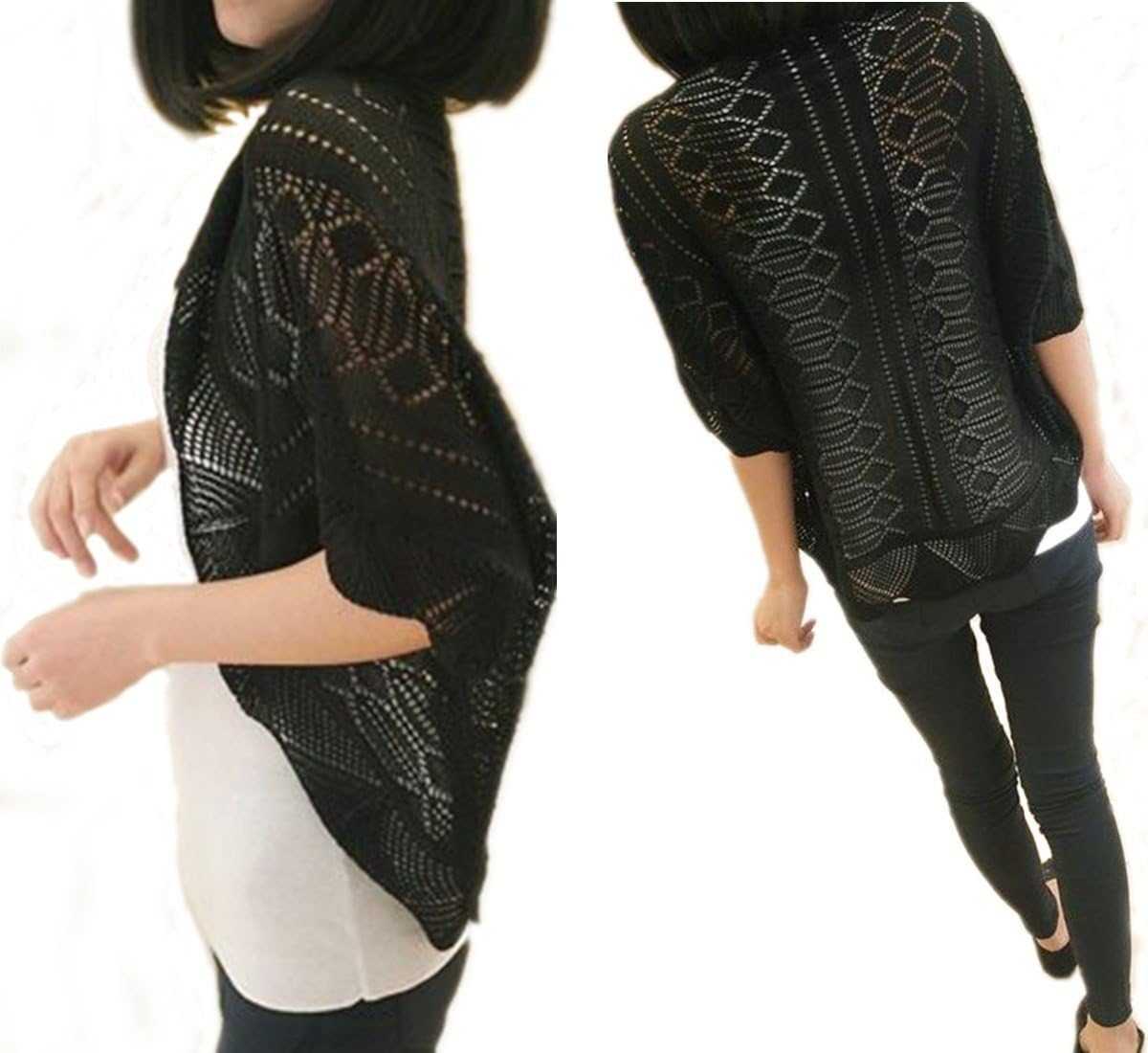Womens Batwing Sleeve Knitwear Crochet Knitted Sweater Top Cardigan Coat Size L Black