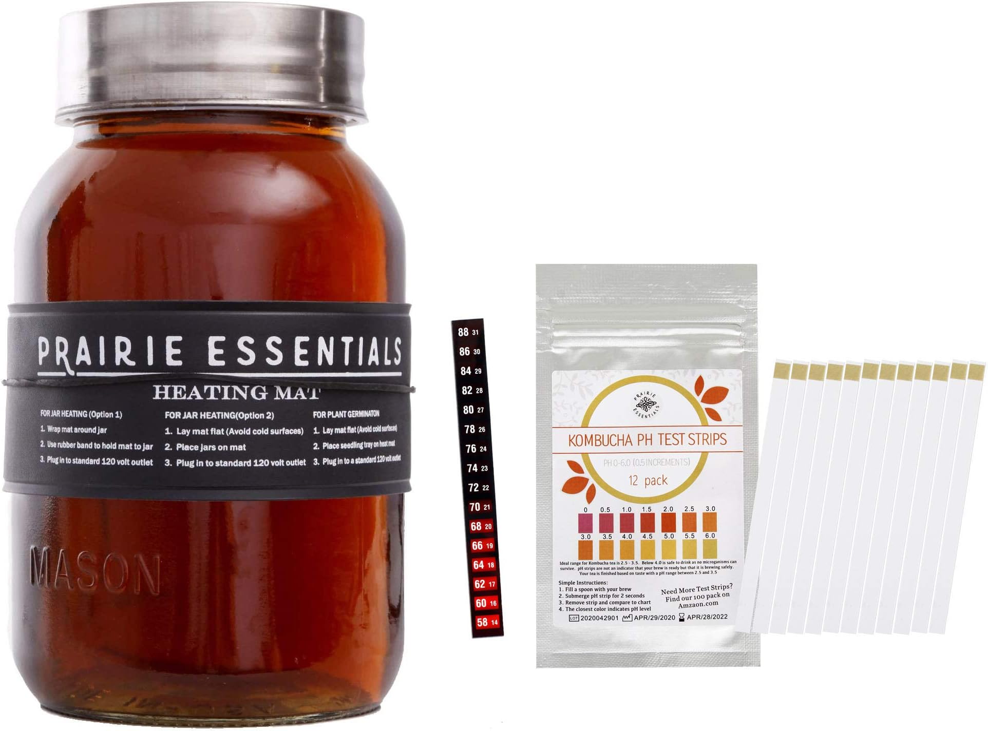 Prairie Essentials 3" x 20" Strip Wrap Around Heating Pad Warming Heat Mat & Thermometer and pH Test Strips for Kombucha Tea & Beer Brewing, Fermentation, Seedlings & Plant Germination