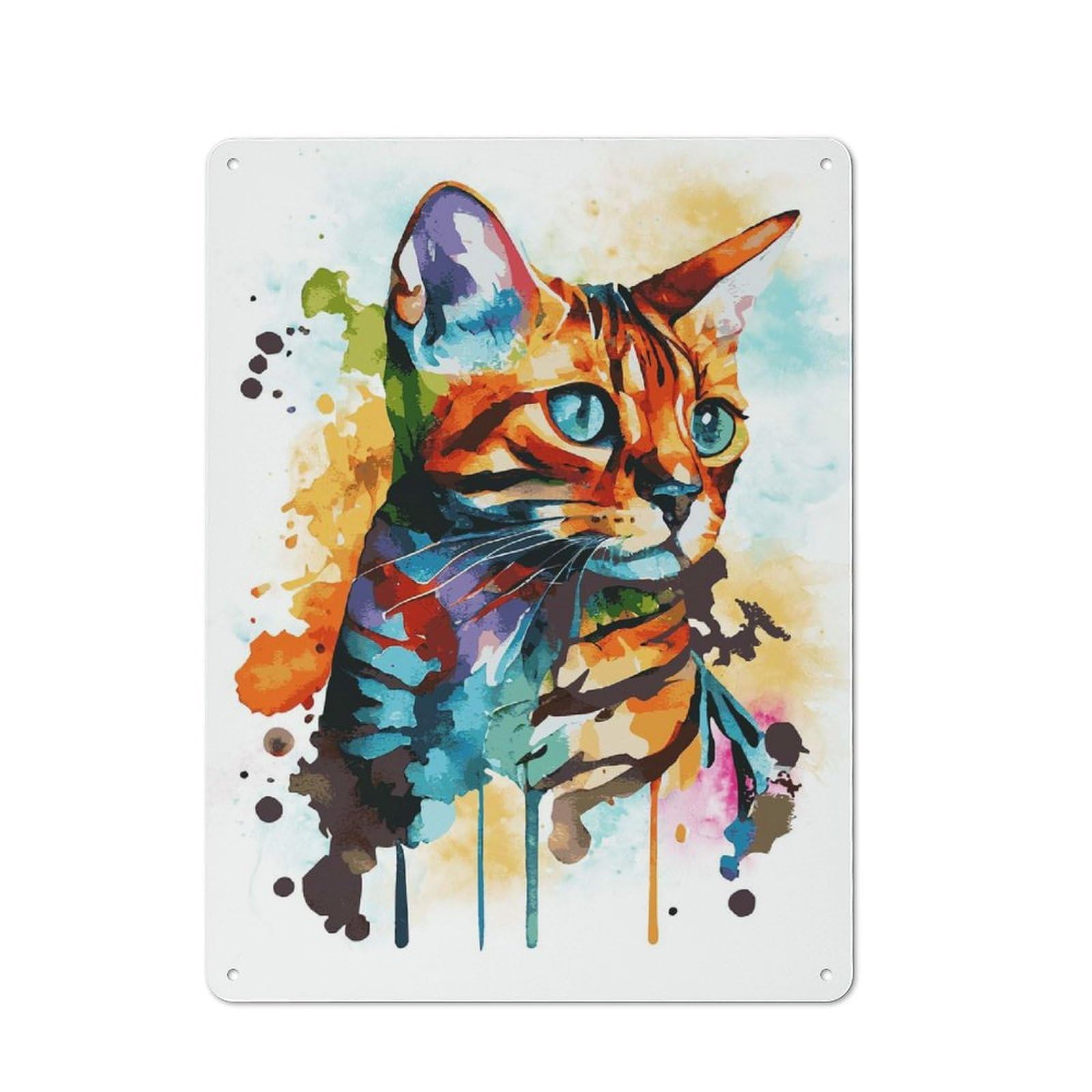 Classic Metal Plaque 40x30cm Featuring Watercolor Bengal Cat, Bistro Wall Plaque for Kitchen, Cafe, Pantry Or Dining Room
