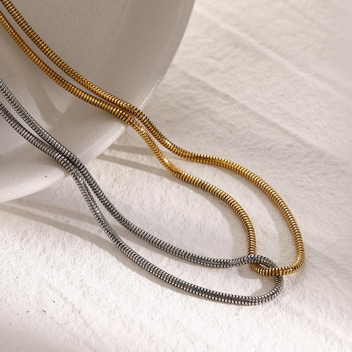 Two Tone Snake Chain Twisted Link Necklace For women, 18K PVD Gold Silver Waterproof Stainless Steel, Dual Color Mixed Double Layer Chain Necklace Fashion Jewelry Gifts For Mom Ladies