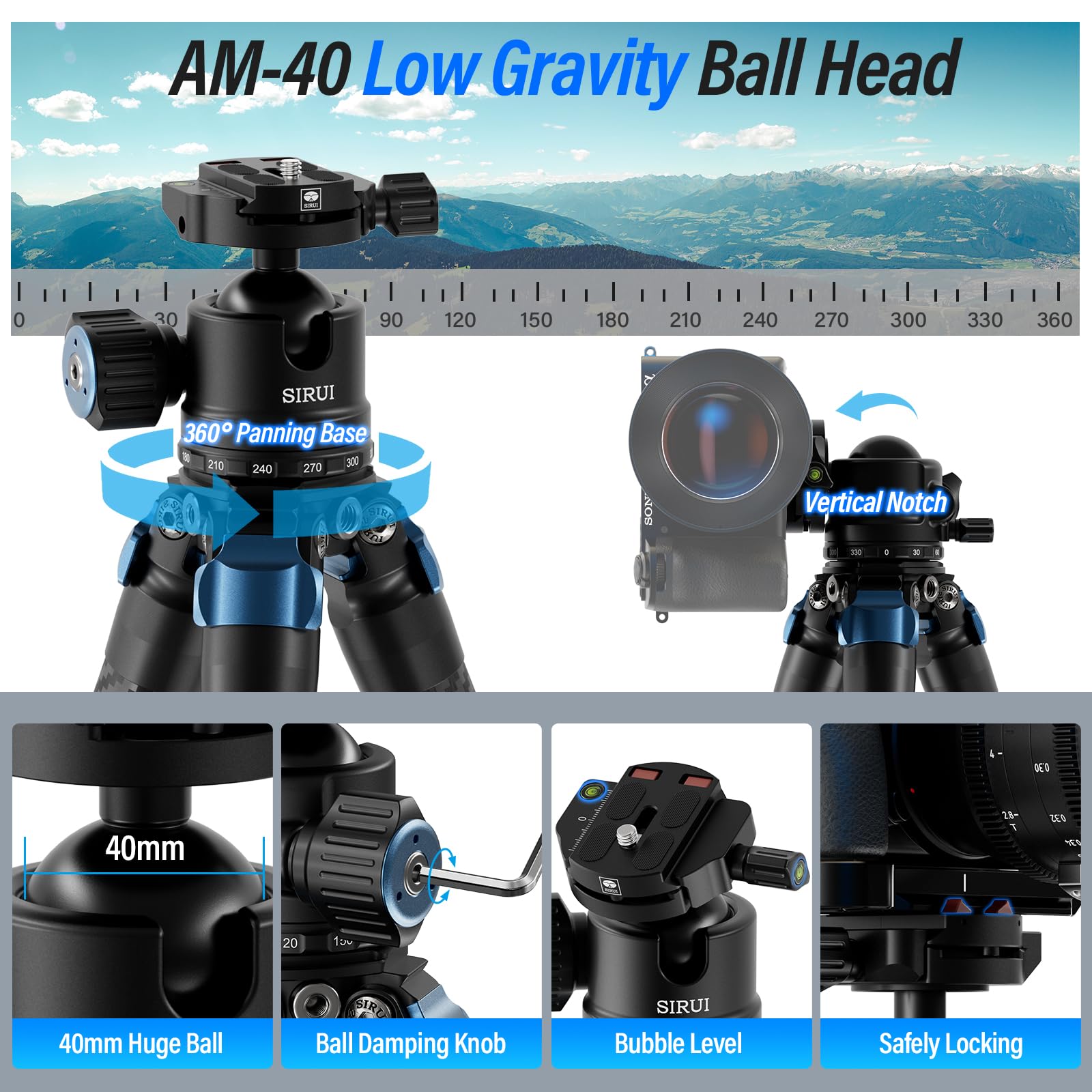 SIRUI 153.4cm Treppiede Fotocamera da Viaggio AM-324, Treppiede Carbonio con Testa a Sfera AM-40, Professionale Stabile Treppiedi con Gambe a 4 Sezioni per Videocamera, DSLR, Carico Massimo 18KG