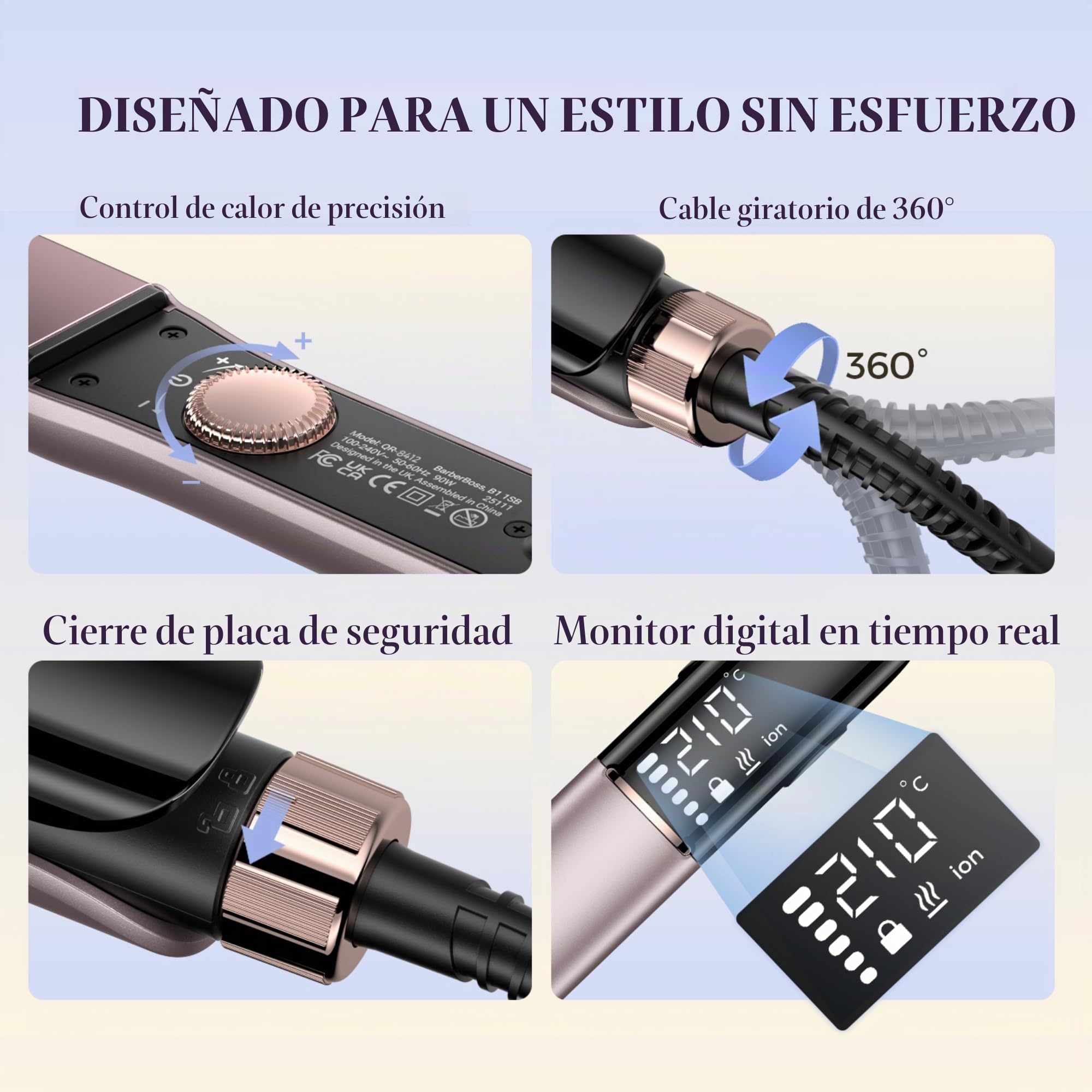 BarberBoss - Plancha de cerámica con placas flotantes, tratamiento iónico y queratina para todo tipo de cabello, pantalla LED de temperatura, plancha de pelo profesional (QR-8412, rosa)