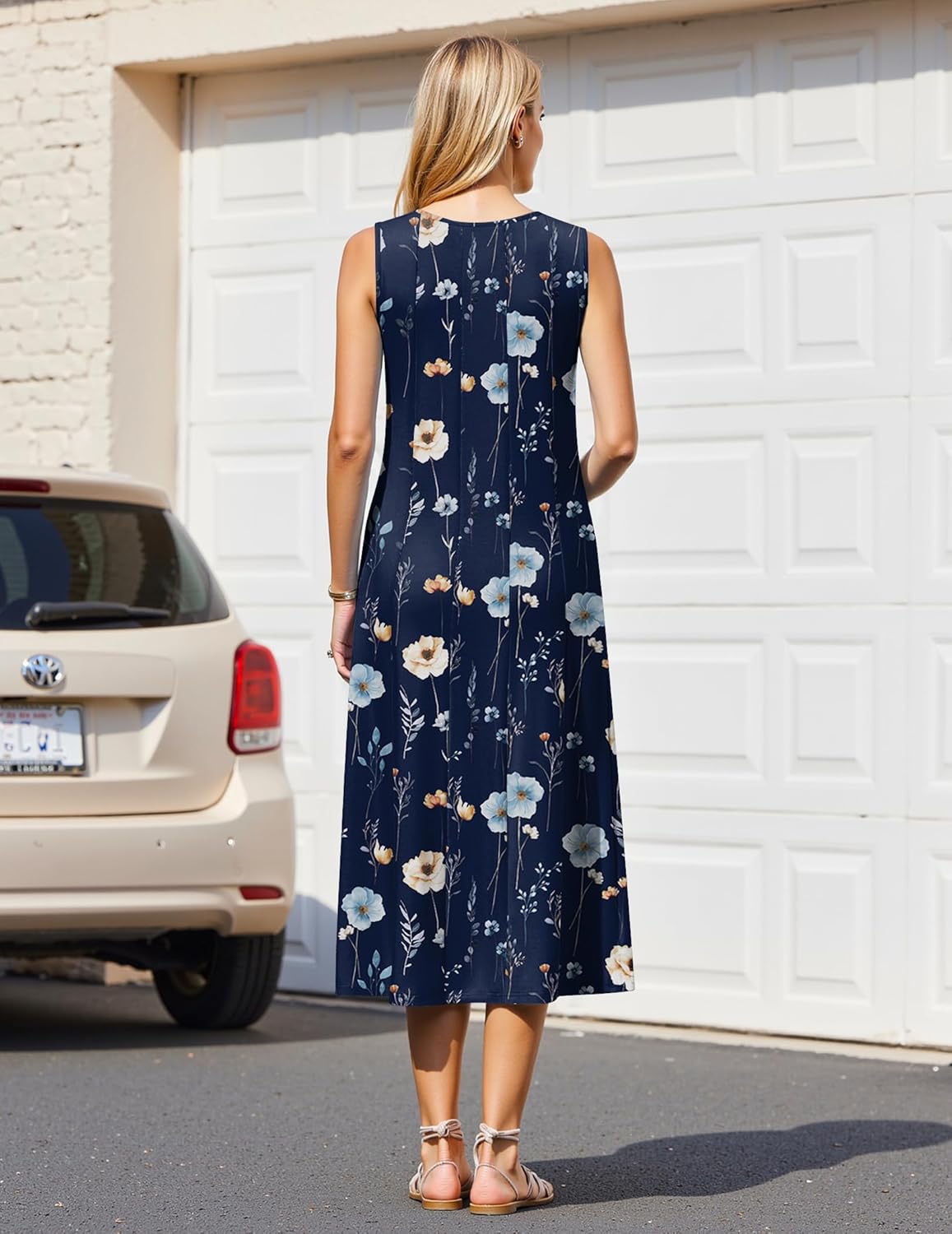 HOTOUCH Summer Casual Dresses for Women Sleeveless Midi Dress Swing Tank Sundress Pleated Tshirt Dress with Pockets - Image 5