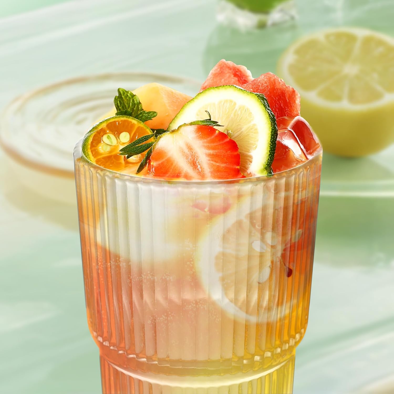 Drinking Glasses，19oz Ribbed Glassware, 4 Pack Old Fashioned Glasses,Thickened glass for iced coffees, smoothies, cocktails and juices, perfect for families and parties (4) - Image 9