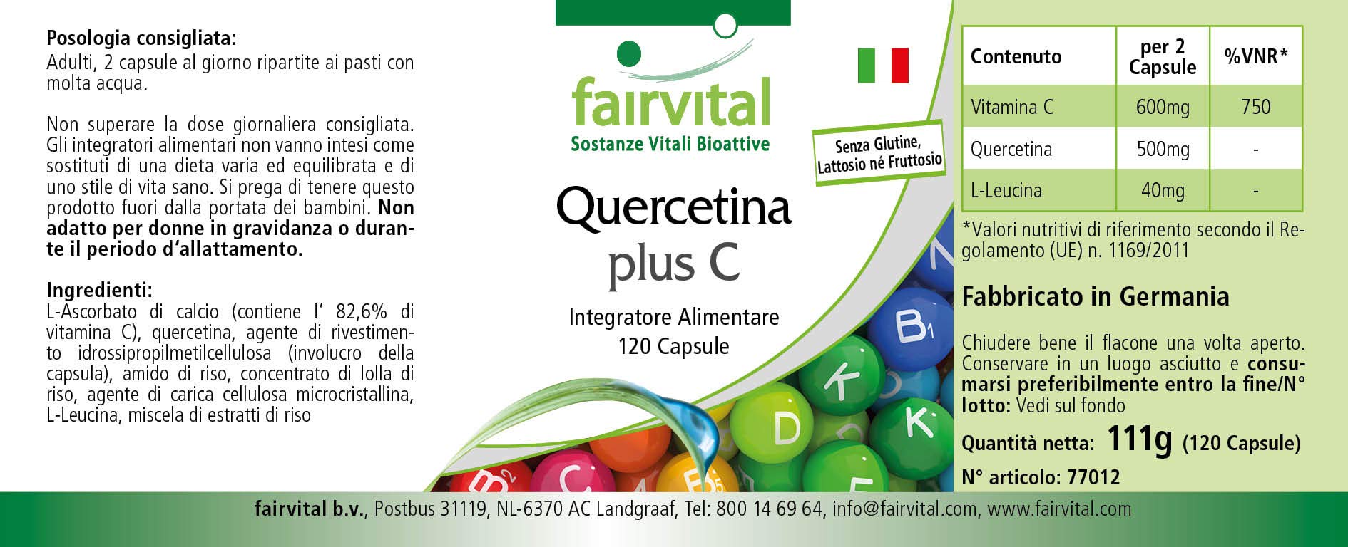 fairvital Gélules de quercétine à la vitamine C, 120 gélules, HAUTEMENT DOSÉ, 250mg de quercétine plus 300mg de vitamine C par gélule, VÉGÉTALIEN, antioxydant