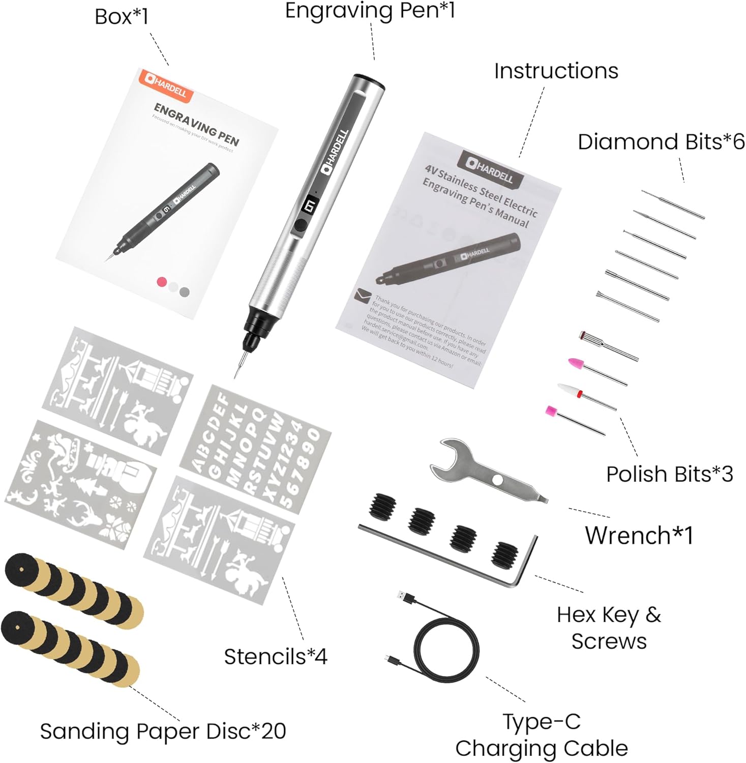 HARDELL Engraving Pen, 6 Speed, Rechargeable Engraver Pen for Artists & DIYers, Electric Engraving Tool with 41 Accessories, Engrave 60+ Surfaces, Engraving Pen for Metal, Wood, Glass and Plastic