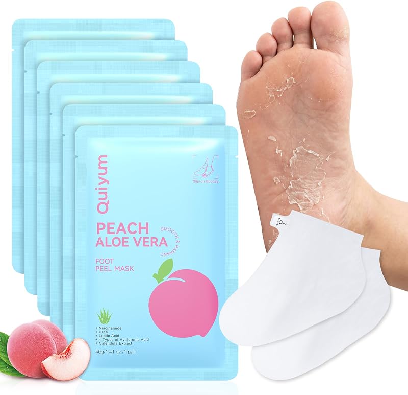 6 Pairs Peach & Aloe Vera Exfoliating Foot Mask, Foot Peeling Masks | Lactic Acid & Urea, Niacinamide & Hyaluronic Acid, for Dry Cracked Feet, Smooth, Glow, Soften, Stocking Stuffers