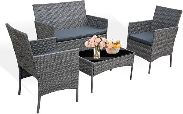 4-Piece Rattan Patio Furniture Set with Mixed Grey Cushions