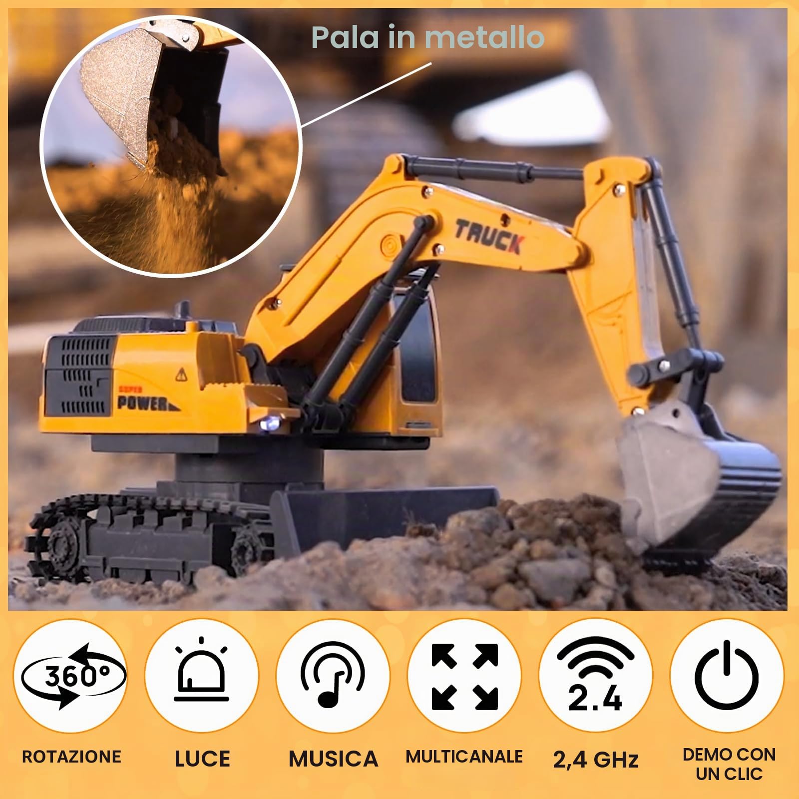 Giocattoli Escavatore Telecomandato per Bambini, 2 in 1 RC Scavatore Trattore con Bulldozer, 2.4Ghz Veicoli da Costruzione Giocattoli Auto con Luci e Musica per Bambini 3 4 5 6 7 8-12 Anni