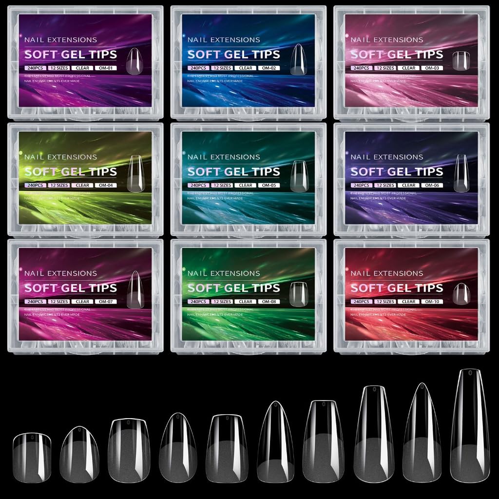Delicate Square Nails Tips 240 Clear Full Coverage Extensions in 12 Sizes for At Home Nails Art with Compact Box