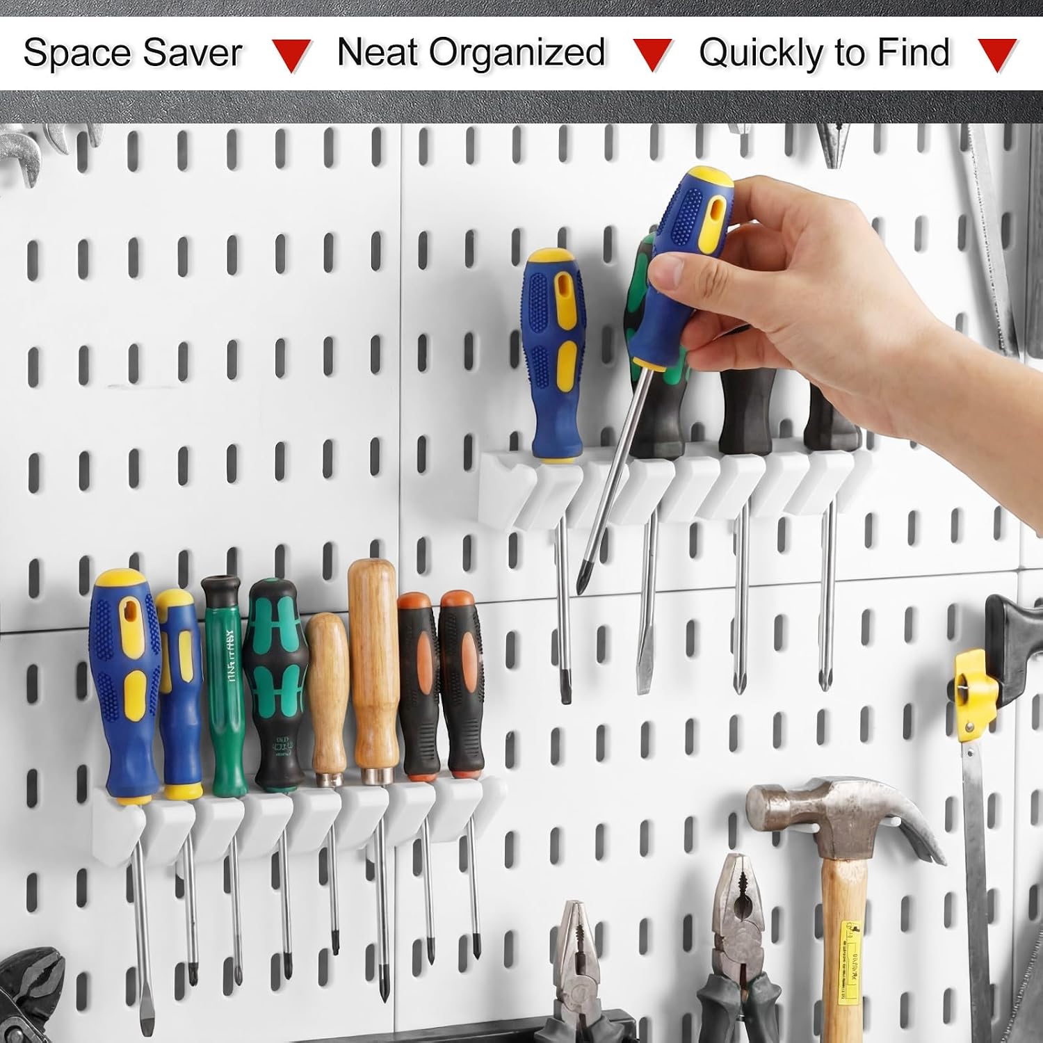 Novabright 2 Pack Pegboard Screwdriver Holder Peg Board Organizer Accessories Utility Hooks Pegboard Holder Accessories Racks Compatible with IKEA Skadis Peg Board for Shop Store Supermarket(White)