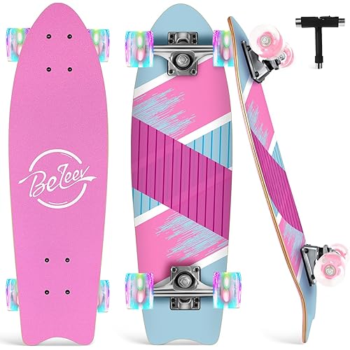 BELEEV Cruiser Skateboards for Beginners, 27 x 8 inch Complete Skateboard for Kids Teens Adults, 7 Ply Canadian Maple Double Kick Deck Concave Skateboard with Skate T-Tool