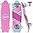 BELEEV Cruiser Skateboards for Beginners, 27 x 8 inch Complete Skateboard for Kids Teens Adults, 7 Ply Canadian Maple Double Kick Deck Concave Skateboard with Skate T-Tool (Light Pink)