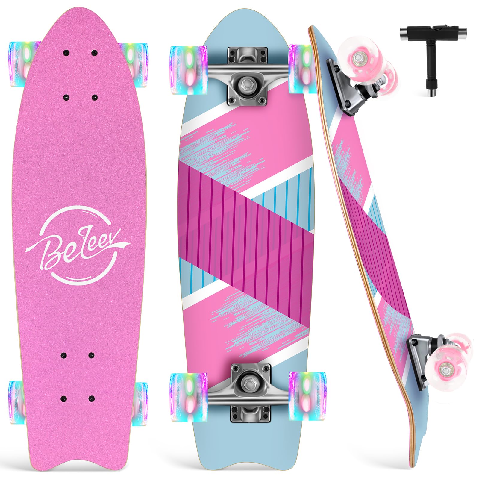 BELEEV Cruiser Skateboards for Beginners, 27 x 8 inch Complete Skateboard for Kids Teens Adults, 7 Ply Canadian Maple Double Kick Deck Concave Skateboard with Skate T-Tool (Light Pink)