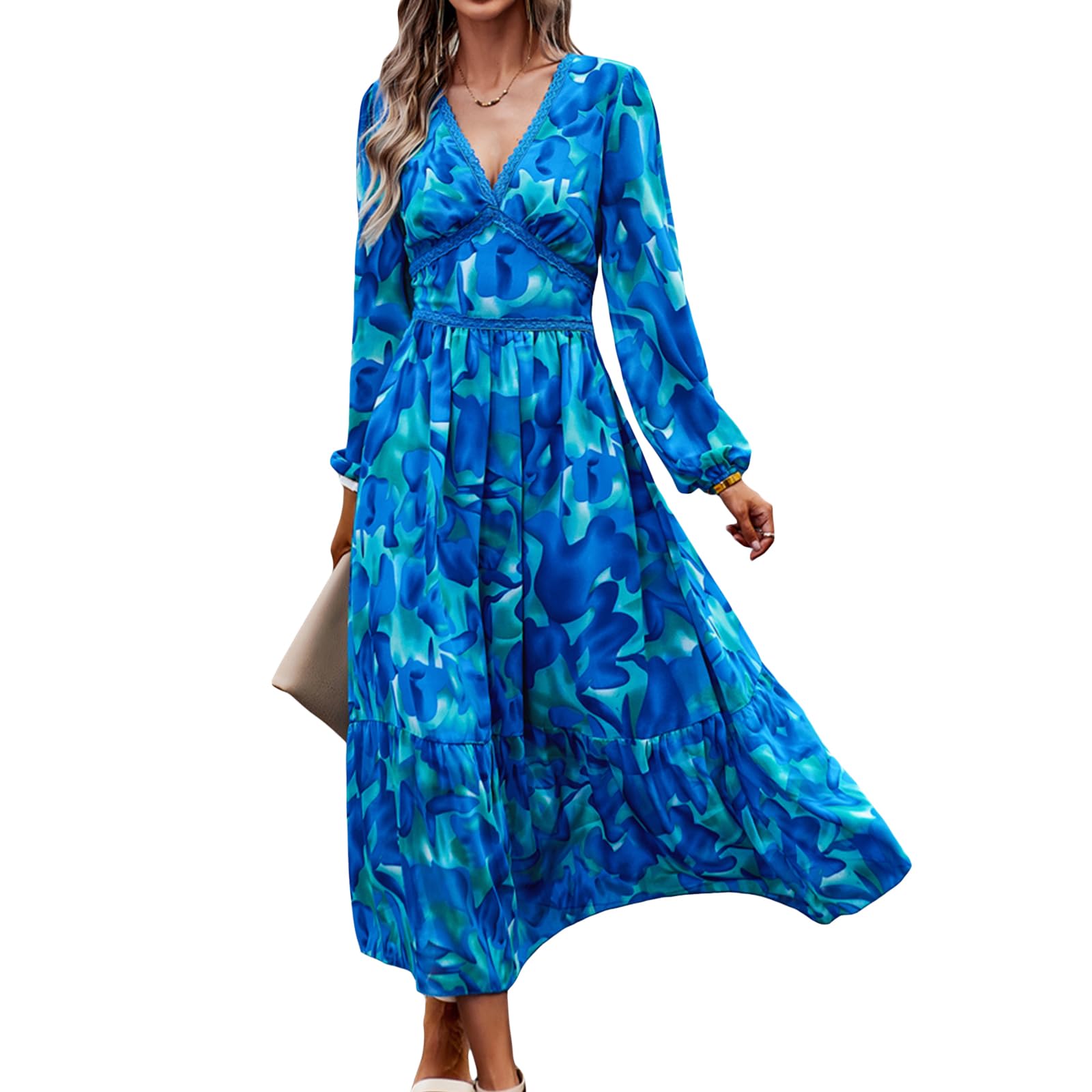 Women's Autumn Long A-line Dress Long Sleeve V Neck Pattern Print Lace Trim Beach Dress