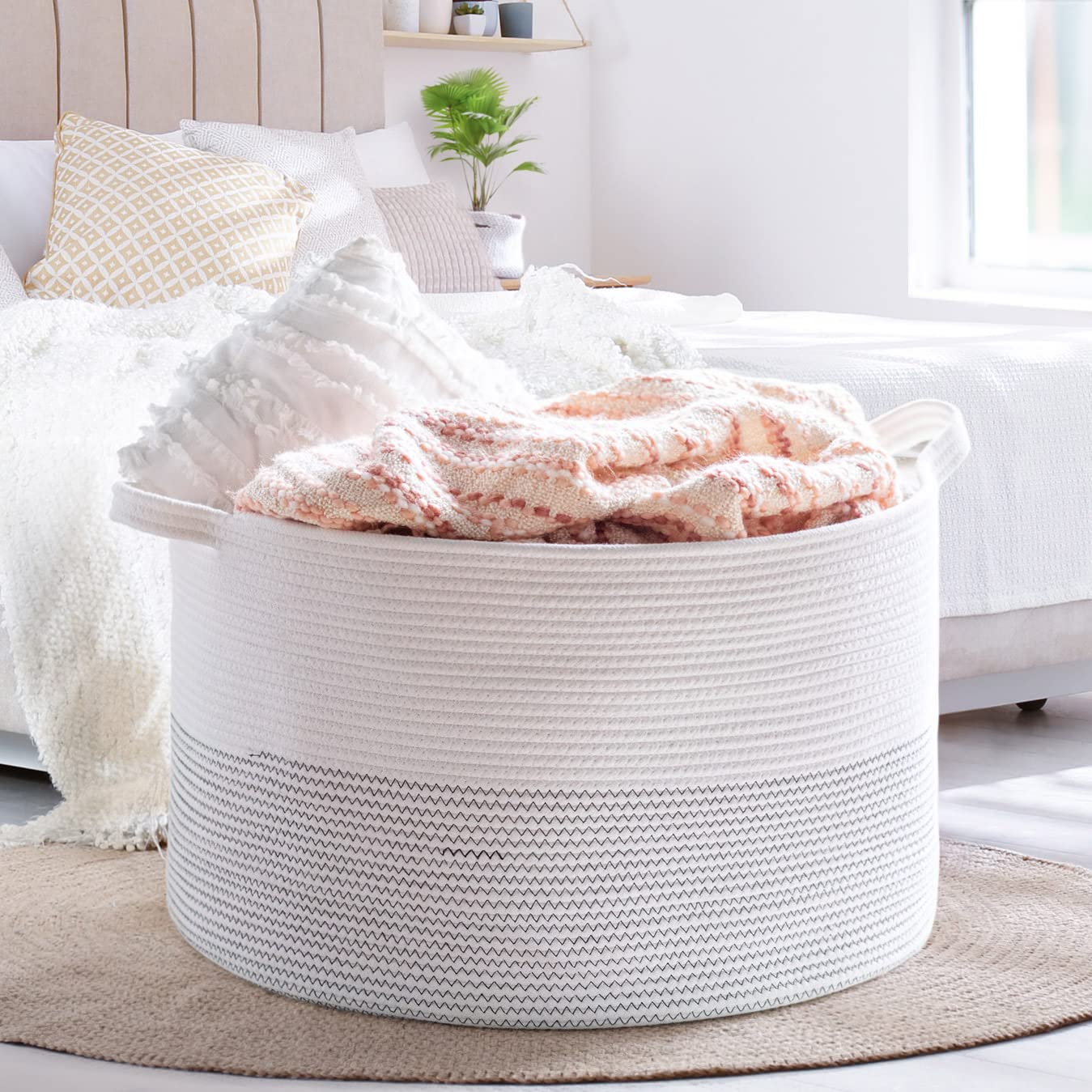 Goodpick Large Basket 23.6"D x 14.2"H Jumbo Woven Basket Cotton Rope Basket Baby Laundry Basket Hamper with Handles for Comforter, Cushions, Quilt, Toy Bins, Black Stitch