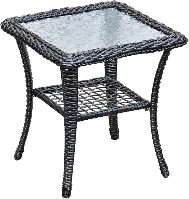 2-Tier Outdoor Wicker End Table with Glass Top - All-Weather Storage Side Table