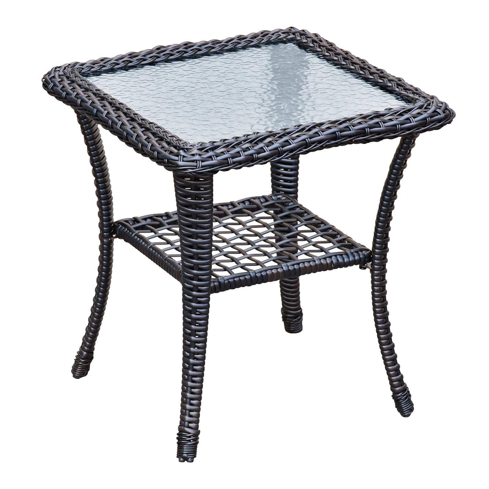 ATR ART TO REAL 2-Tier Outdoor Side Table,Small Garden Coffee Table with Tempered Glass Top,All-weather PE Rattan Square Storage End Table,Steel Frame