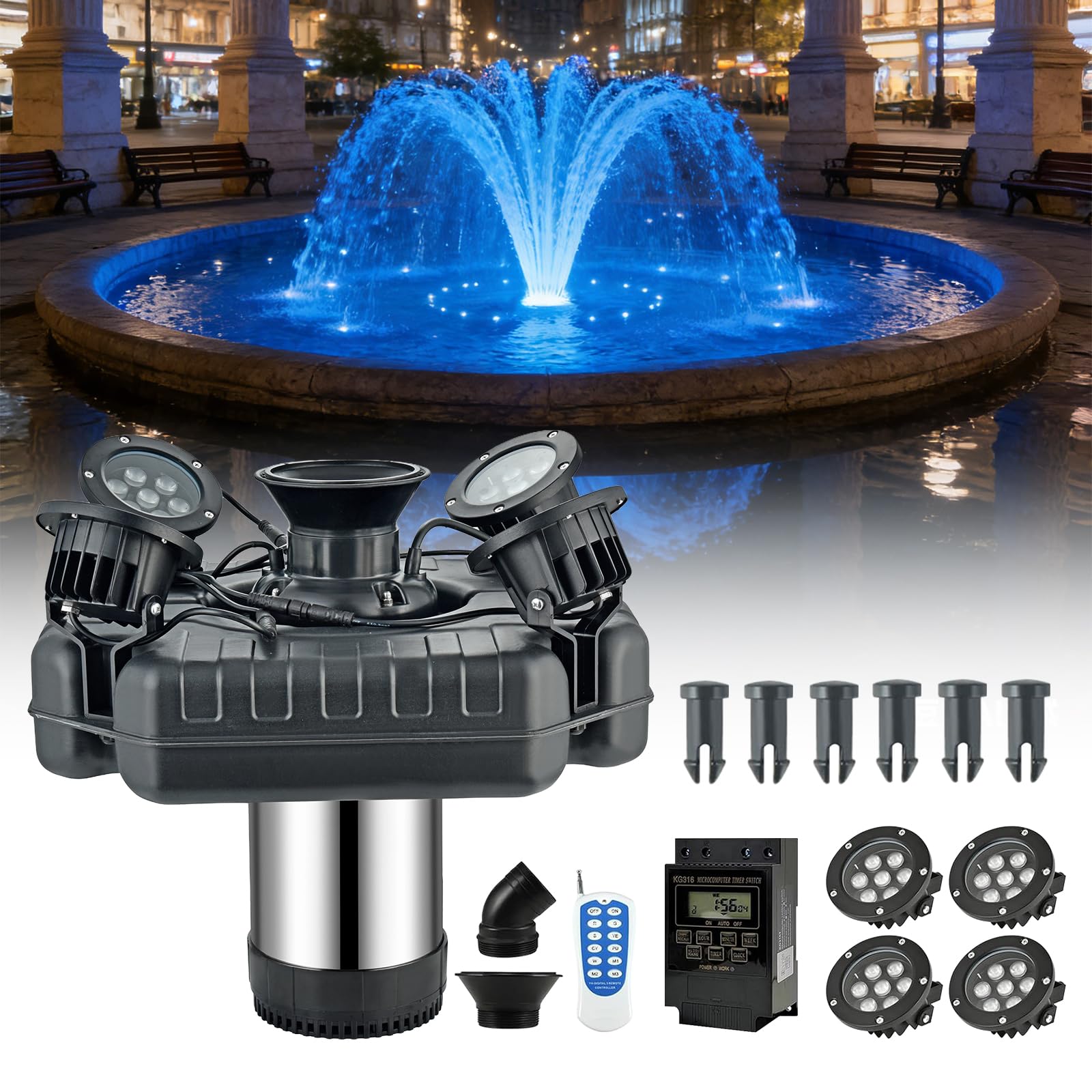 Premium LED Teichbrunnen mit RGB-Beleuchtungssystem, Edelstahl-Rotor, All-Kupfermotor, Fernbedienung, dynamischer Farbwechsel, für Gartenteiche (vier Lichter)