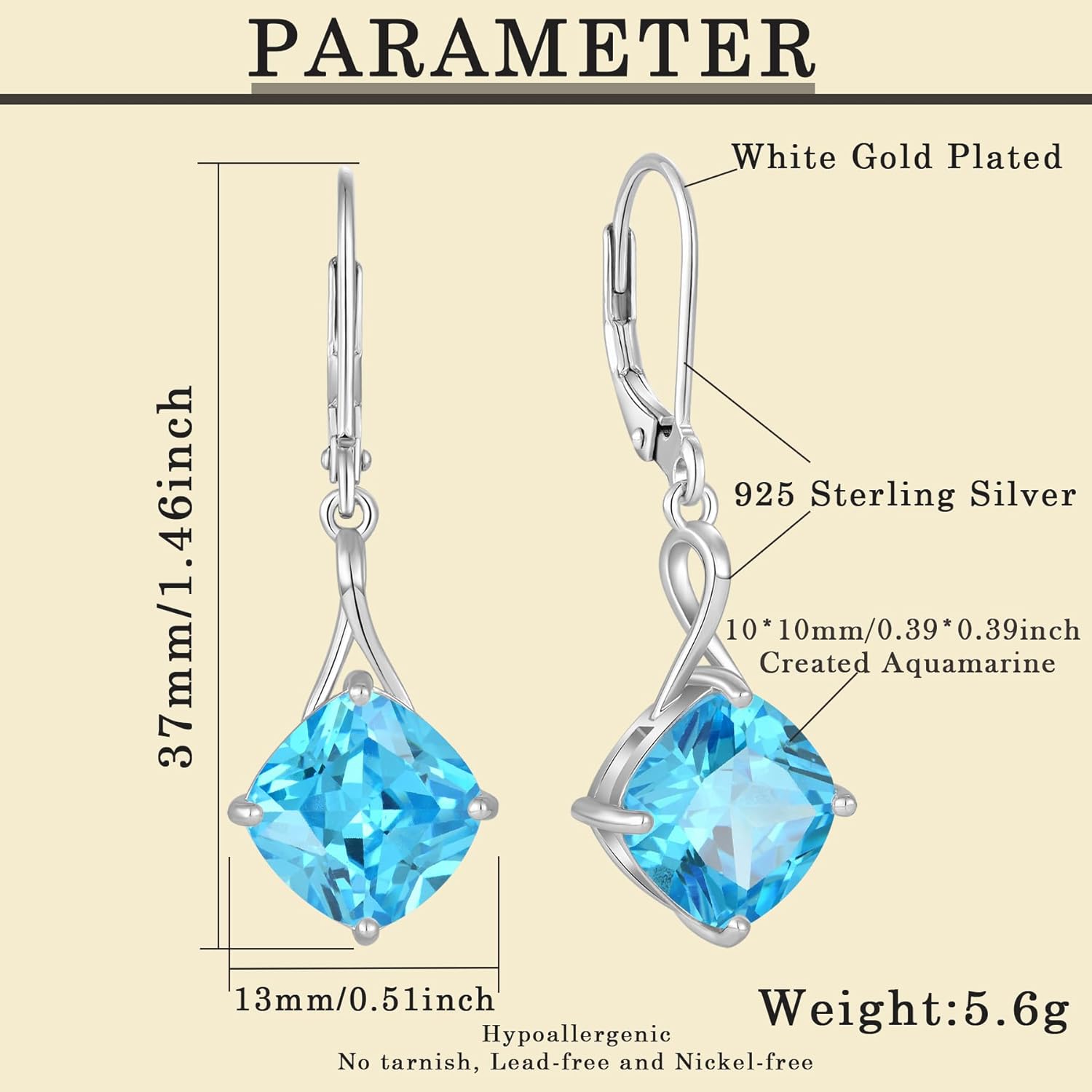 Birthstone Earrings for Women 925 Sterling Silver Square Cubic Zirconia Dangle Drop Earrings Simple Jewelry for Her - Image 6