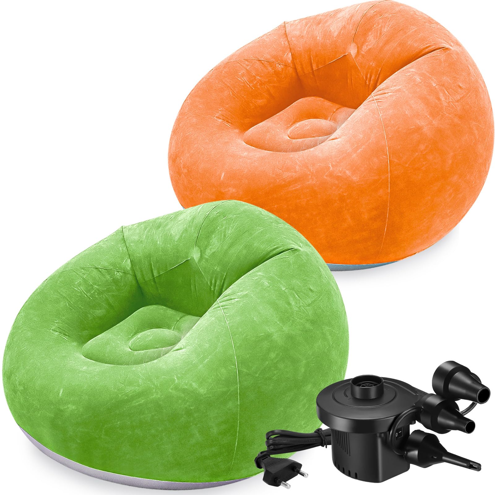 MALLOOM 2 Chaises Poufs Gonflables pour Adultes – Canapé Paresseux Gonflable avec Pompe Électrique – Canapé Portable Pliable pour Salon, Chambre, Extérieur, Camping 120 cm (Vert, Orange)