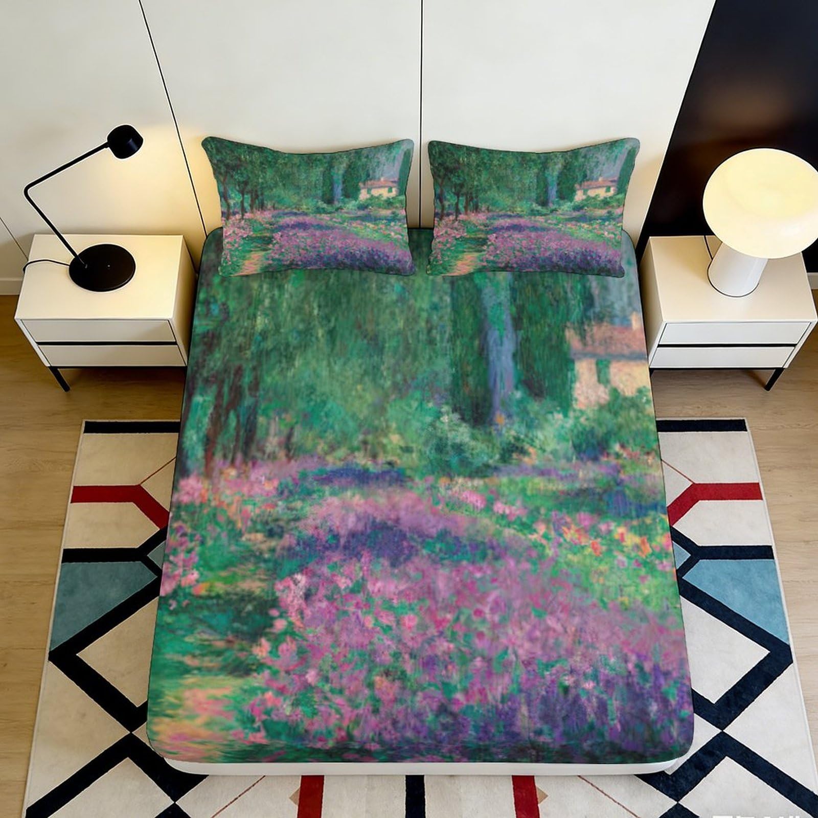 3D Printed Impressionist Garden Fitted Sheet Microfiber Soft Breathable Lavender Meadow Mattress Cover for Bedroom Decor 90x200x25cm