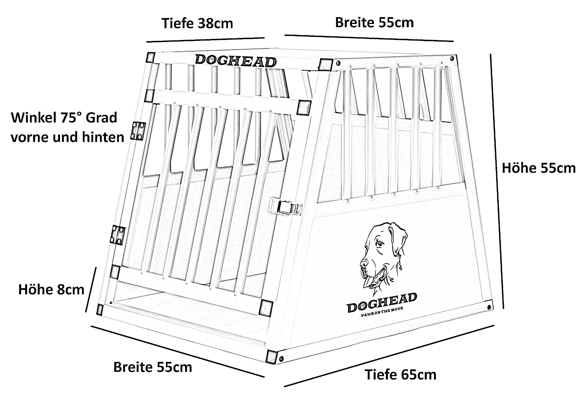 DOGHEAD Hundetransportbox Comfort, Single 55x65x55 cm, Grau/Silber, Aluminium, Beidseitig Abgeschrägt 75°