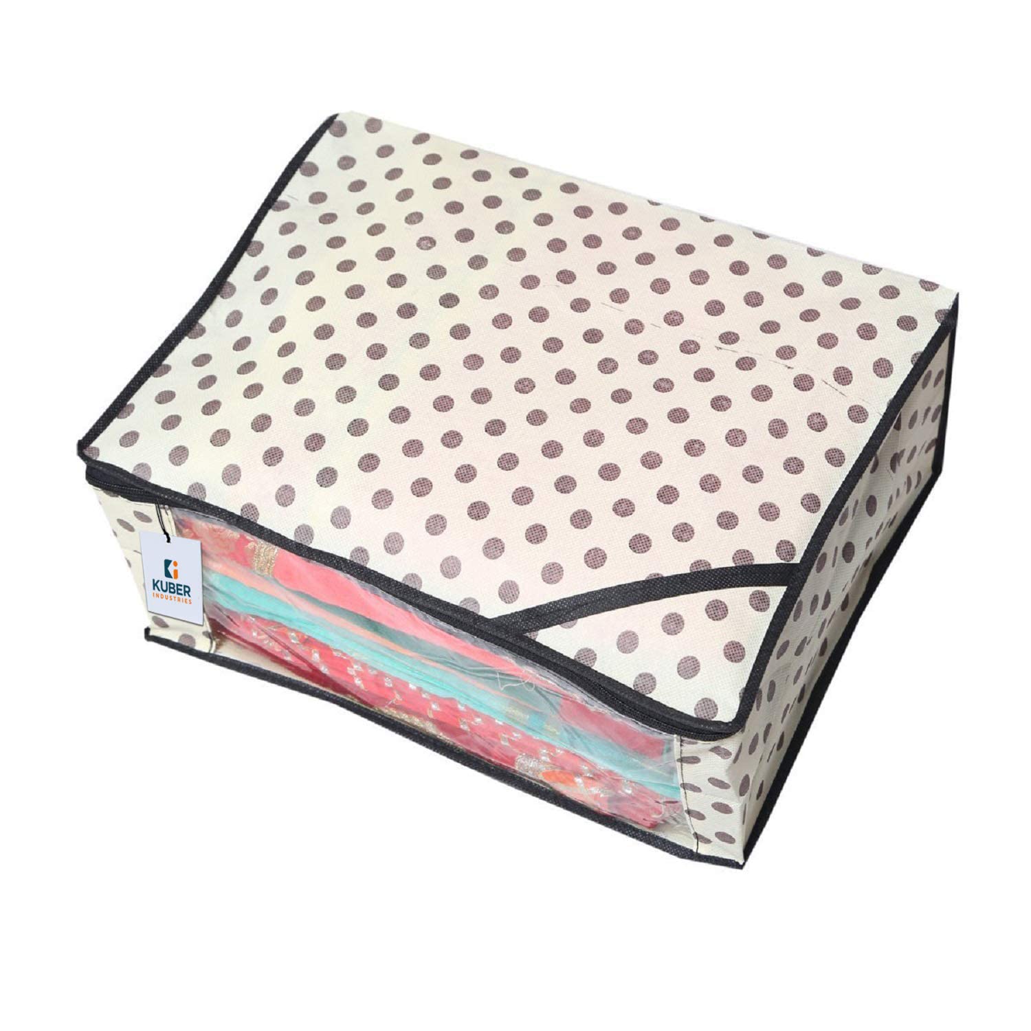 Kuber Industries Fundas plegables para sari con cremallera, organizador de armario de lunares para ropa, ventana transparente para guardar de 8 a 10 saries, adecuado para Lehenga, traje, vestido,