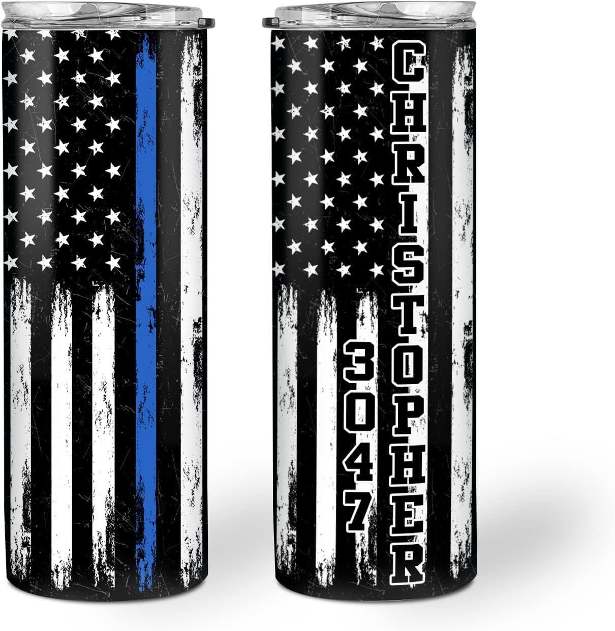 Hyturtle Personalized Thin Blue Line Police Skinny Tumbler - Cool Birthday Gifts For Policemen - Law Enforcement Gifts - Custom Name 20oz Stainless Steel Skinny Tumbler